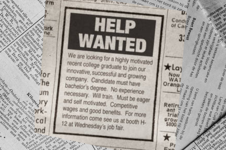 Help wanted advertisement seeking college graduates for a growing company.