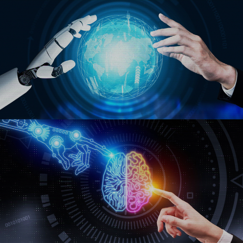 A robotic hand and a human hand reaching towards a glowing brain symbolizing AI and humanity.