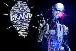 A futuristic robot holding a phone, with a lightbulb and "Brand" text in the background.