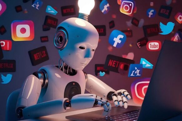 A robot with a light bulb head working on a laptop surrounded by social media icons.