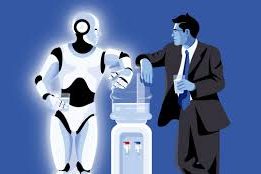 A robot and a businessman are conversing near a water cooler.