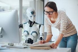 A woman in glasses writing notes next to a humanoid robot at a desk.